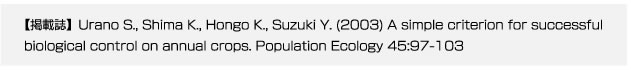 【掲載誌】Urano S., Shima K., Hongo K., Suzuki Y. (2003) A simple criterion for successful biological control on annual crops. Population Ecology 45:97-103